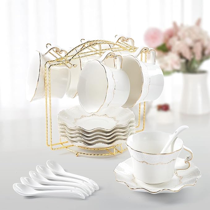 DUJUST Tea Cups and Saucers with Golden Trim,Set of 6 (7 OZ), Luxury Relief Printing Coffee Cups with Metal Stand, British Royal Porcelain Tea Party Set - White