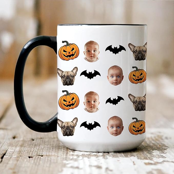 Personalized Halloween Mug with Baby & Dog Faces - Custom Photo Collage Coffee Mug with Pumpkins & Bats - Funny Halloween, Birthday Gift for Pet Lovers, Parents, Grandparents, or Kids