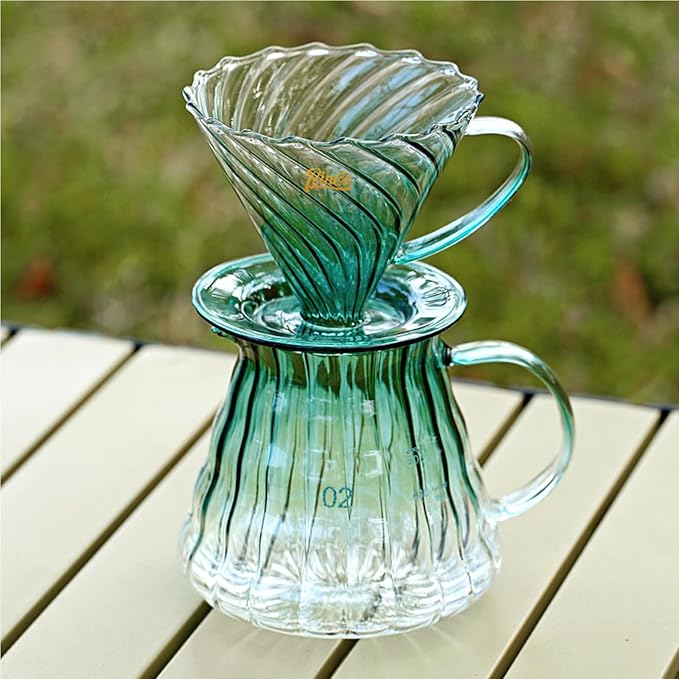 Bincoo Pour Over Coffee Maker Set with Dripper Size 02,600ml Glass Coffee Server Set,60 Angle TaperedGlass Coffee Dripper with Stand&Filter Paper for Home Office Gift (Green)