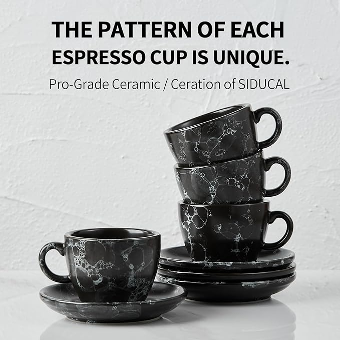 SIDUCAL Espresso Cups Set of 4,6 Ounce Ceramic Coffee Cups with Saucers,Porcelain Double Espresso Cup Set,Gift Box for Boyfriend Gift(Black)