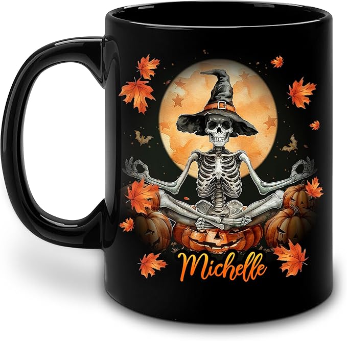 Hyturtle Personalized Halloween Skull Mug - Skeleton Gift For Women Lover - Gothic Skull Lover Gift For Her - Spooky Season Skeleton Decor For Fall Halloween - Coffee Name Cup Ceramic Mug 11 oz 15 oz