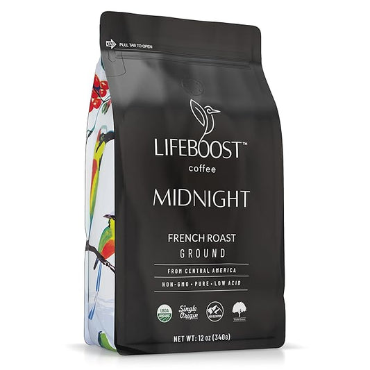 Lifeboost Midnight French Roast Coffee Ground - Non-GMO Single Origin USDA Organic Low Acid Coffee French Roast - Third Party Tested For Mycotoxins & Pesticides - 12 Ounces
