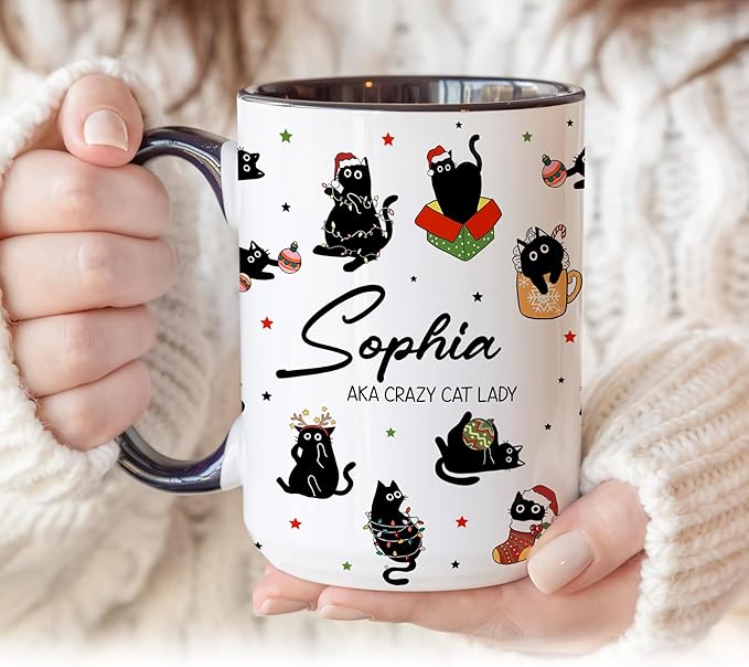 Personalized Cat Coffee Mug - Funny Black Cup - Christmas Birthday Anniversary Graduation Gift For Mom From Daughter - Cute Tea Mug For Women Cat Lover Present