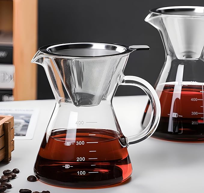 Pour Over Coffee Maker with Reusable Stainless Steel Drip Filter, Glass Drip Coffee Maker Set, Lead-Free Borosilicate Glass Coffee Carafe for 1-2Cup, Clear (400ml/13.5oz)