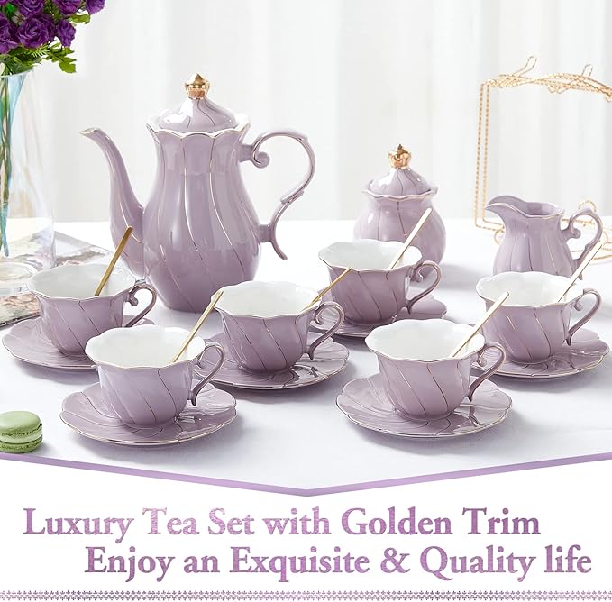 DUJUST 22 pcs Porcelain Tea Set for 6, Luxury British Style Tea/Coffee Cup Set with Golden Trim, Beautiful Tea Set for Women, Tea Party Set, Gift Package (With a Stand) - Purple