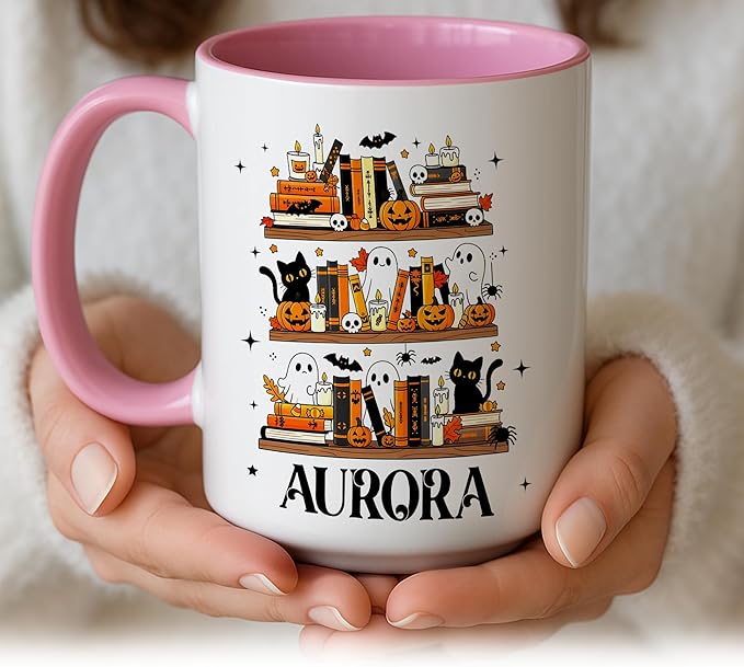 Personalized Halloween Book Lover Coffee Mug – Custom Cute Ghost and Black Cat Cup with Pumpkin Bookshelf Design – Fall Coffee Mug for Women, Spooky Bookish Gift for Readers