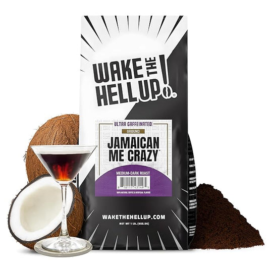 Wake The Hell Up! 1lb Ultra-Caffeinated Jamaican Me Crazy® Ground Coffee, Low Acid, Medium-Dark Roast
