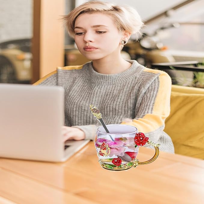 Glass Tea Cup，Birthday present for a mother a birthday present for RoseCoffee Mugs for Mother's Day (Rose Red A)