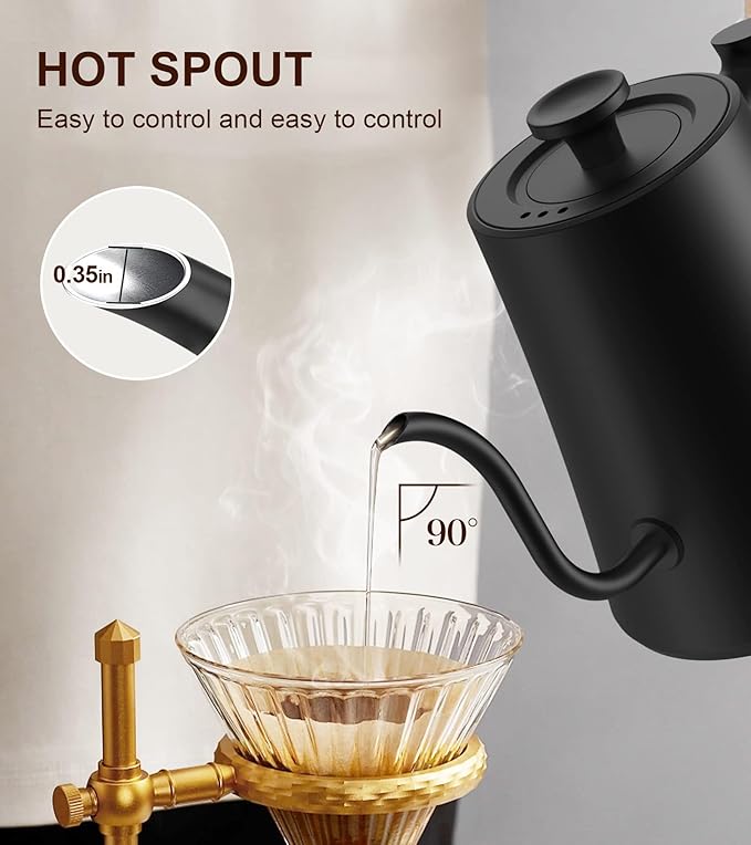 Gooseneck Electric Kettle with ±1℉ Precision Temperature Control for Pour Over Coffee & Tea, Rapid Boil, 304 Stainless Steel, Built-in Brew Timer, 1200W/1.0L