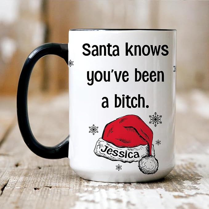 Personalized Funny Christmas Hot Cocoa Mug – Custom Naughty Santa Coffee Cup with Hilarious Quote – Unique White Elephant Exchange Present, Gag Gift for Friends, Holiday Ceramic Mug