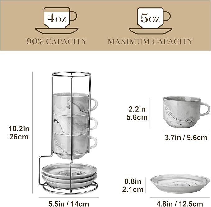 MALACASA 4 OZ Porcelain Espresso Cups with Saucers and Metal Stand Set of 4, Stackable Cappuccino Cups, Marble Gray Expresso Shots Cup Set for Coffee Drinks, Latte, Tea