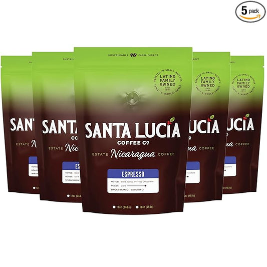 Santa Lucia Coffee Café Crema Espresso Roast Coffee - Specialty Volcanic Nicaraguan Espresso Roast - Farm-Direct, Low-Acid - Dense Golden Crema - 91-Point, Small-Batch - Ground - 16oz (Pack of 5)