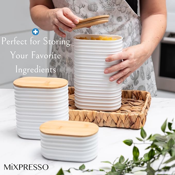 Mixpresso White Canisters Sets for the Kitchen – 3-Piece Airtight Plastic Sugar Container Set with Bamboo Lids in Three Different Sizes – Decorative Modern Storage Jars for Coffee, Tea & Countertops