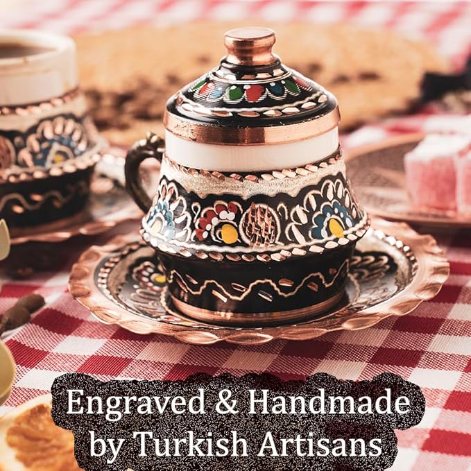 Copper Turkish Arabic Coffee Cup and Saucer Set of 2 Espresso Inner Porcelain Persian Ottoman Vintage Decor Lid Gift Serving Drinking Drinkware Drink Rustic Fancy Retro Small Mug Kitchen Accessories