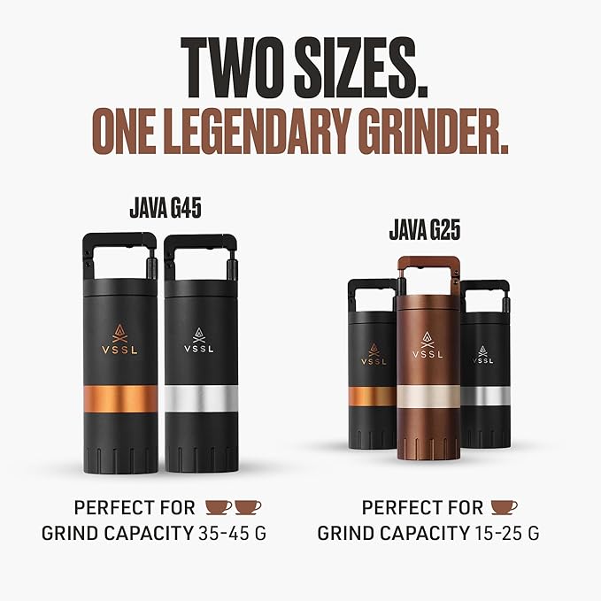 VSSL Java G25 Manual Coffee Grinder | Coffee for Camping | Bean Grinder | Travel Pour Over | Stainless Steel Conical Burr | ~ 25 Gram Capacity | Extendable Grind Handle | 50 Grind Settings | Bronze