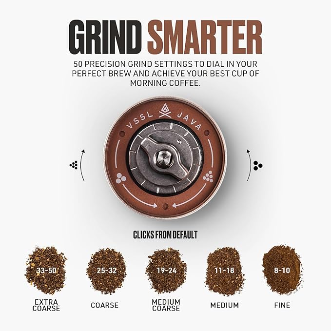 VSSL Java G25 Manual Coffee Grinder | Coffee for Camping | Bean Grinder | Travel Pour Over | Stainless Steel Conical Burr | ~ 25 Gram Capacity | Extendable Grind Handle | 50 Grind Settings | Bronze