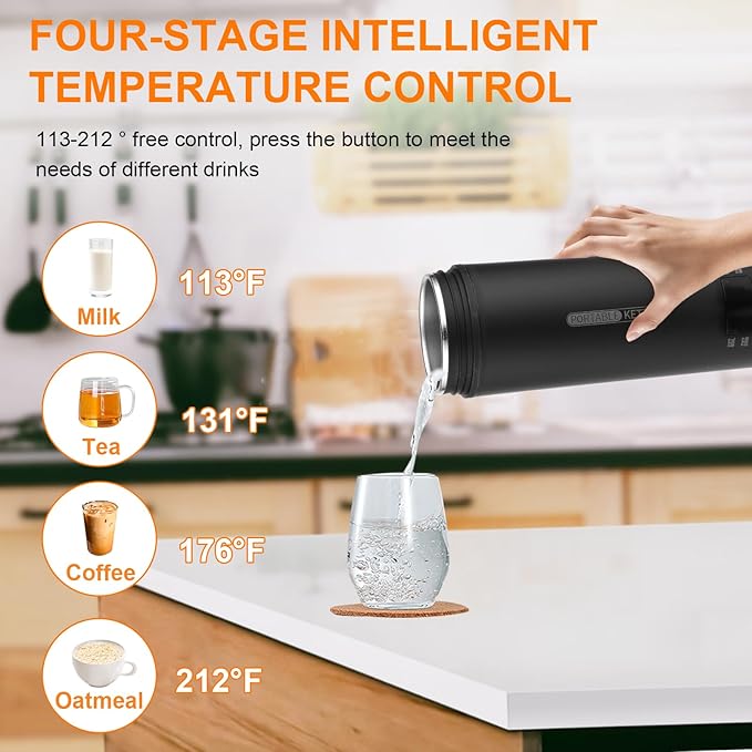 Portable Electric Kettle （110V）, Travel Tea Kettle, 316 Stainless Steel Premium Liner, 4-speed Temperature Adjustment with Auto Shut-off and Boil-Off Protection black