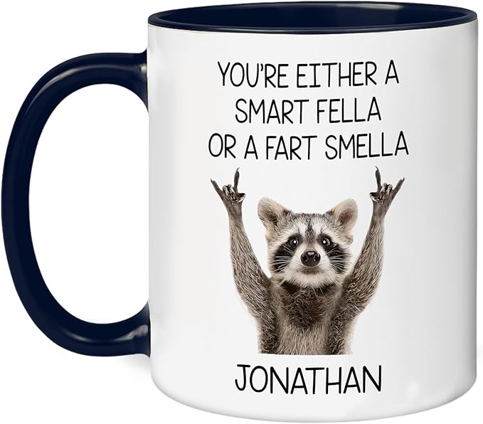 Personalized Funny Raccoon Coffee Mug – Custom Name Cup with Quote “You’re Either a Smart Fella or a Fart Smella” – Unique Gag Gift, White Elephant Christmas Cup