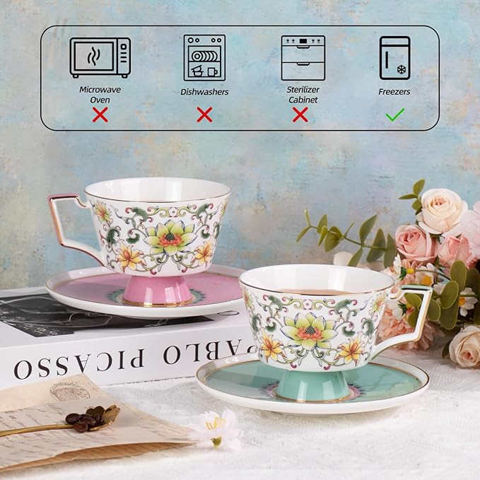 KAMMAK Ceramic Coffee Cups Saucers Set of 2, Porcelain Espresso Cups with Saucers, 8.12 oz Handcrafted Elegant Bone China Tea Cups, Lotus Floral Pattern Teacup for Party, Office, Women Gift