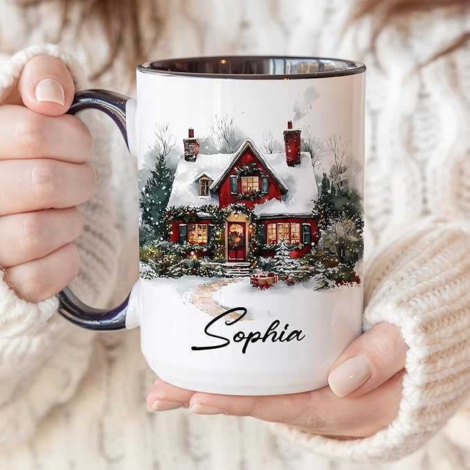 Personalized Christmas Hot Cocoa Mug – Custom Winter Village Coffee Cup with Name – Unique Holiday Gift for Friends, Mom, Dad, or Loved Ones – Cozy Custom Christmas Mug