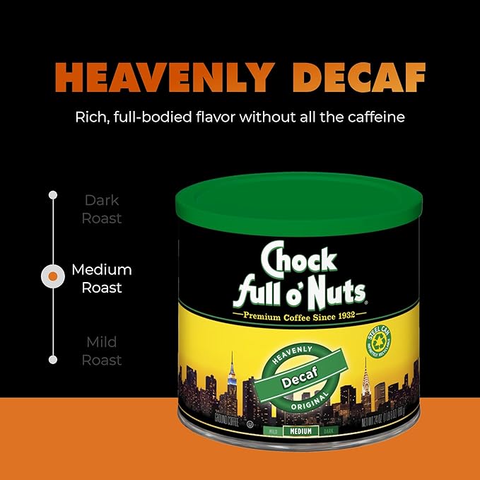 Chock Full o' Nuts Heavenly Original Decaf Ground Coffee – Premium Beans in Recyclable Steel Can – Rich Flavor & Aroma, Medium Roast – Perfect for Drip, Pour-Over, Percolator – 24 Oz Can