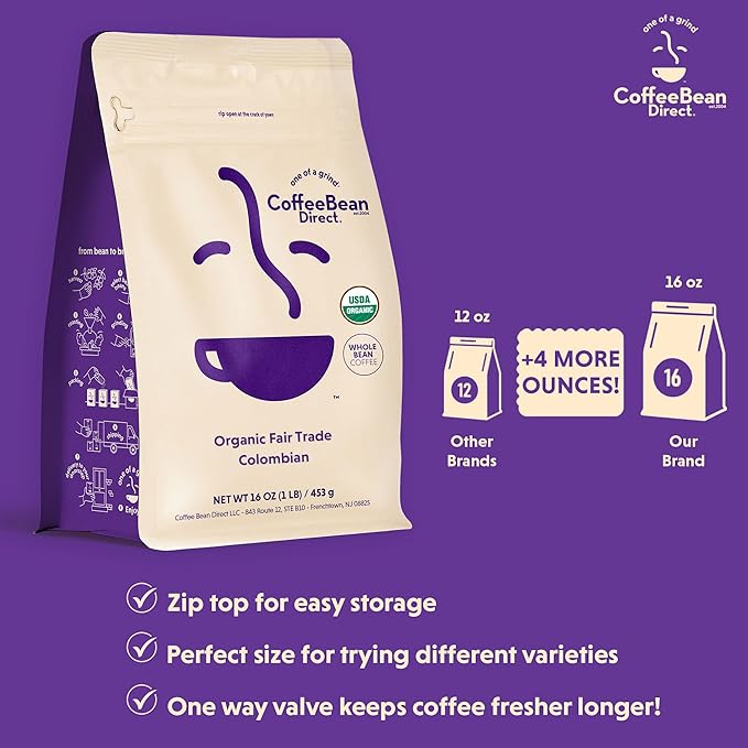 Coffee Bean Direct Organic Single Origin Coffee Variety Bundle – Bali Blue Moon & Colombian, Whole Bean, Light Roast, 1 Pound Bags (Pack of 2)