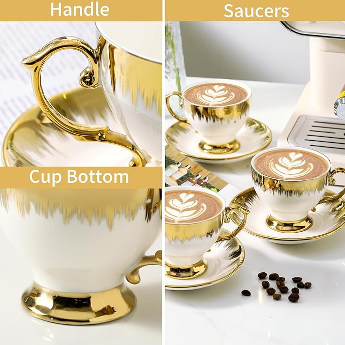 LETAOTAO Tea Cups and Saucers Set of 6, 7 oz Ceramic Turkish Coffee Cup With Gold Trim for Cappuccino, Latte, Mocha, Au Lait, Double Espresso, White
