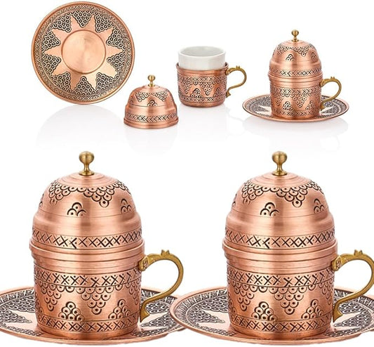 Pure Copper Turkish Arabic Greek Moroccan Coffee Espresso Cup and Saucer Set of 2 Lid Mug Inner Porcelain Serving Drinking Drink Gift Mini Small Fancy Antique Handmade for Home Vintage Unique
