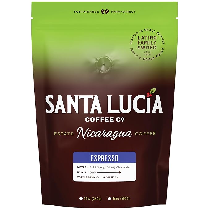Santa Lucia Coffee Café Crema Espresso Roast Coffee - Specialty Volcanic Nicaraguan Espresso Roast - Farm-Direct, Low-Acid - Dense Golden Crema - 91-Point, Small-Batch - Ground - 16oz (Pack of 1)