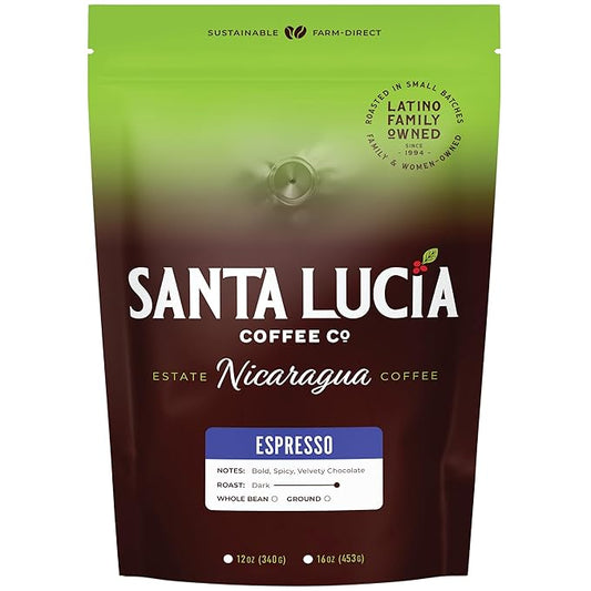 Santa Lucia Coffee Café Crema Espresso Roast Coffee - Specialty Volcanic Nicaraguan Espresso Roast - Farm-Direct, Low-Acid - Dense Golden Crema - 91-Point, Small-Batch - Ground - 16oz (Pack of 1)