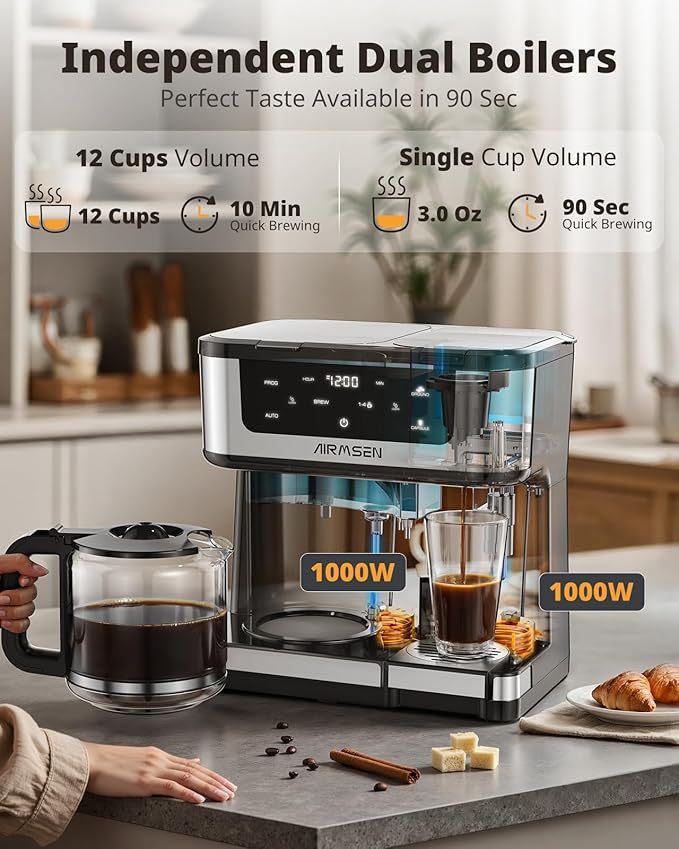 AIRMSEN 12-Cup Programmable Dual Coffee Maker – Single Serve Machine for K-Cup Pods & Ground, 1000W Fast Brew, Delay Start, 2H Keep Warm, Touchscreen, 60oz Tank, Glass Carafe – Home & Office