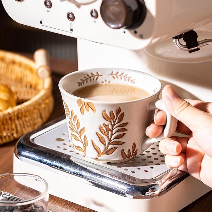 Mug Set of 2 Coffee Mugs Set 11 Ounce, Porcelain Cups for Latte, Hot Tea, Cappuccino, Cocoa, Soup, Dishwasher, Microwave Safe, Christmas Gift Set (Bean leaf & Vines)