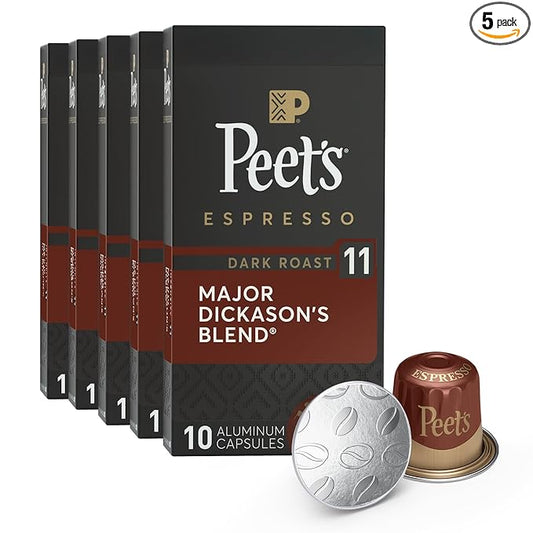 Peet's Coffee, Dark Roast Espresso Capsules, Compatible with Nespresso Original Machines - Major Dickason's Blend Intensity 11, 50 Count (5 Boxes of 10 Espresso Capsules)