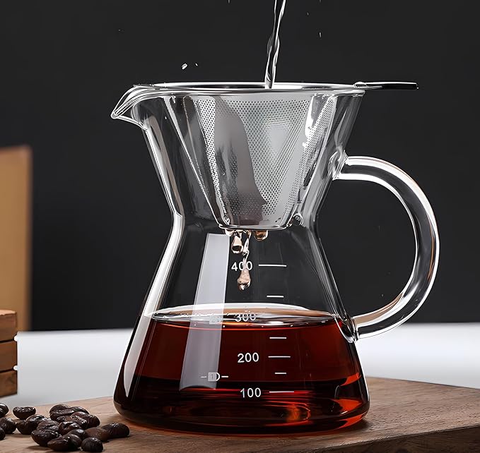 Pour Over Coffee Maker with Reusable Stainless Steel Drip Filter, Glass Drip Coffee Maker Set, Lead-Free Borosilicate Glass Coffee Carafe for 1-2Cup, Clear (400ml/13.5oz)