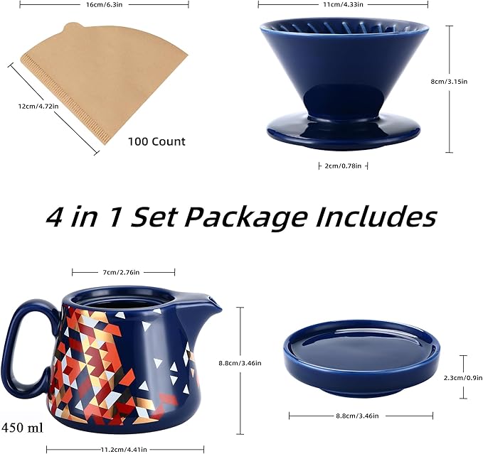 Pour Over Coffee Maker, Ceramic Coffee dripper with 100 pcs V60 Paper Filter, Ceramic coffee Server with Lid, 15.5oz/450 ml, Suitable for 1-2 people (Blue)
