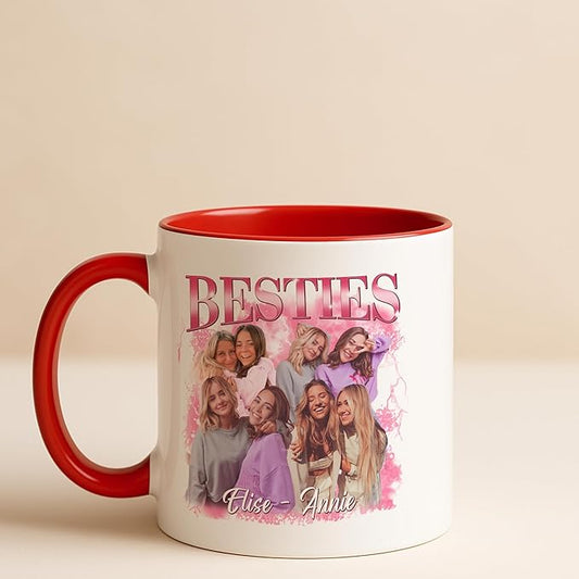 Personalized Besties Mug - Custom Photo Mug For Women - Birthday Going Away Gift For Best Friend Group - Add Group Picture - Pink Themed Friendship Coffee Cup