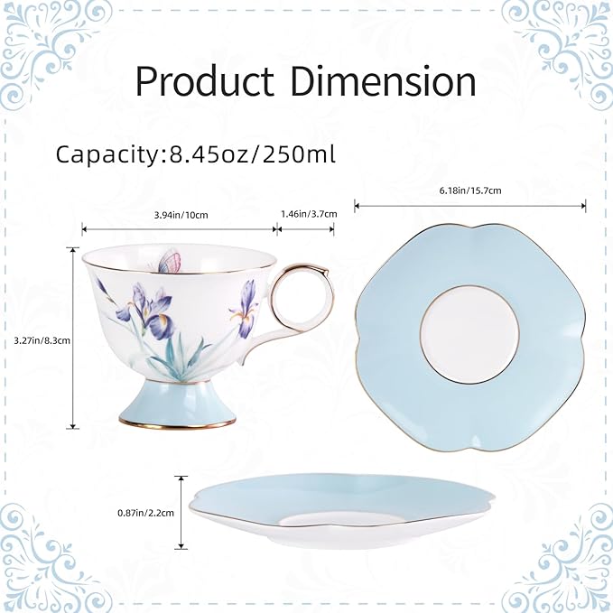 KAMMAK Ceramic Coffee Cups Saucers Set of 2, Porcelain Espresso Cups with Saucers, 8.45 oz Handcrafted Elegant Bone China Tea Cups, Iris Flower & Butterfly Pattern Teacup for Party, Office, Gift