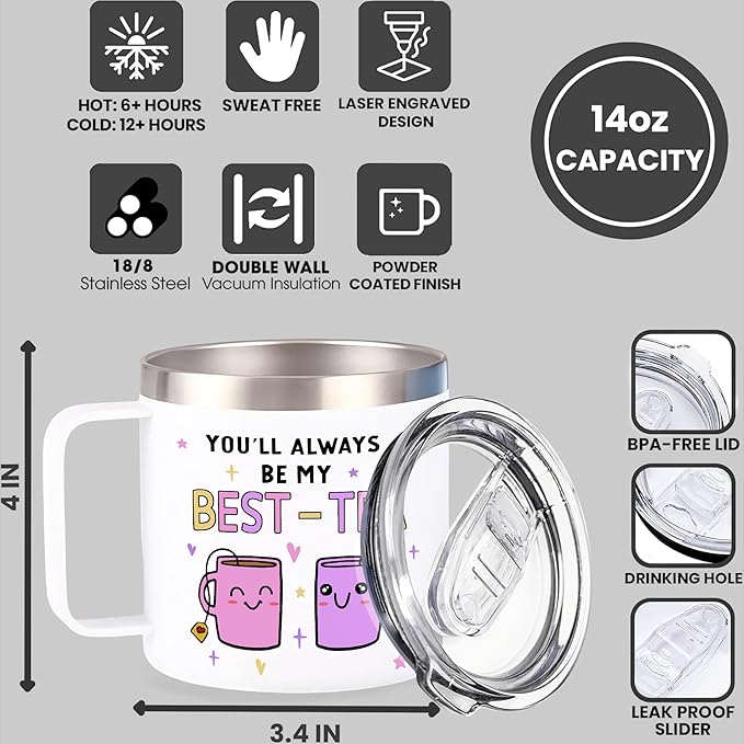 Gossby Bestie Gift for Women - 14oz BEST-TEA Insulated Tumbler Mug - Friend Tumbler Mug for Woman - Christmas, Birthday, Friendship Gift for Best Friend - Bestie Cup with Lid, Straw