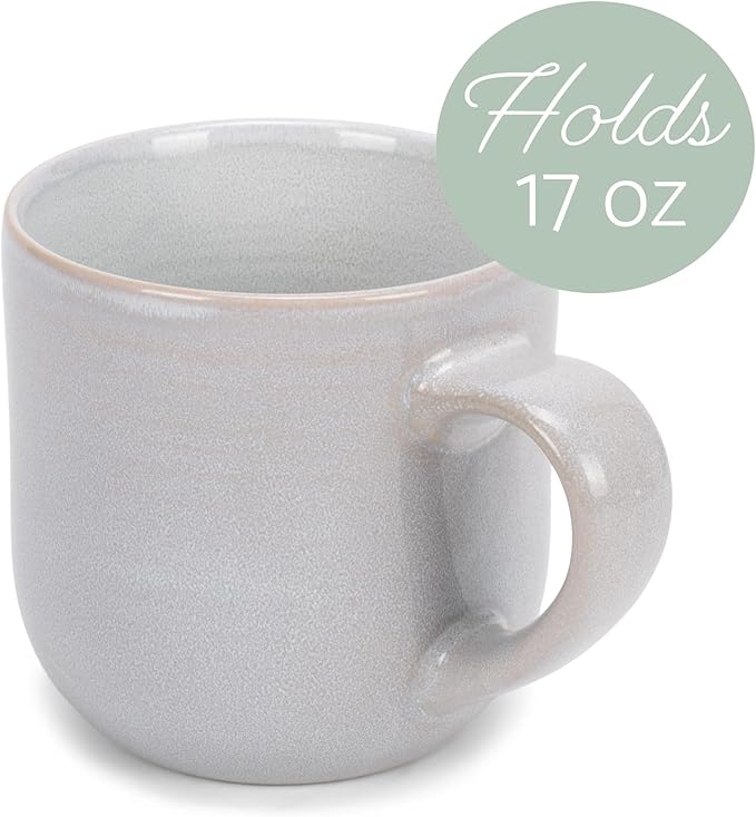 Elanze Designs Glossy Reactive Glaze Large 17 Fluid Ounce Everyday Kitchen Food Grade Ceramic Stoneware Coffee Mug Cup with Comfort Curved Handles, Set of 4, Pale Grey