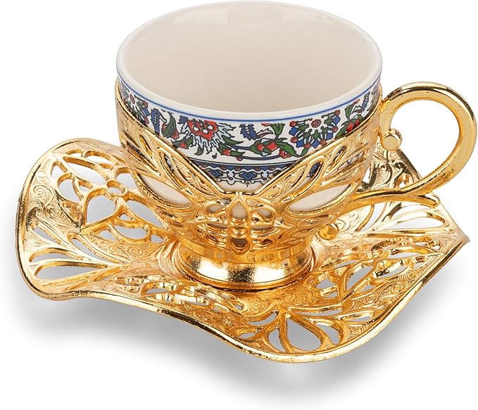 Alisveristime Turkish Coffee Set for Six, 6 Topkapi Design Porcelain Cups with Zamac Holders and Saucers, Two Color Variations: Gold and Silver (Topkapi-Design) (Gold)