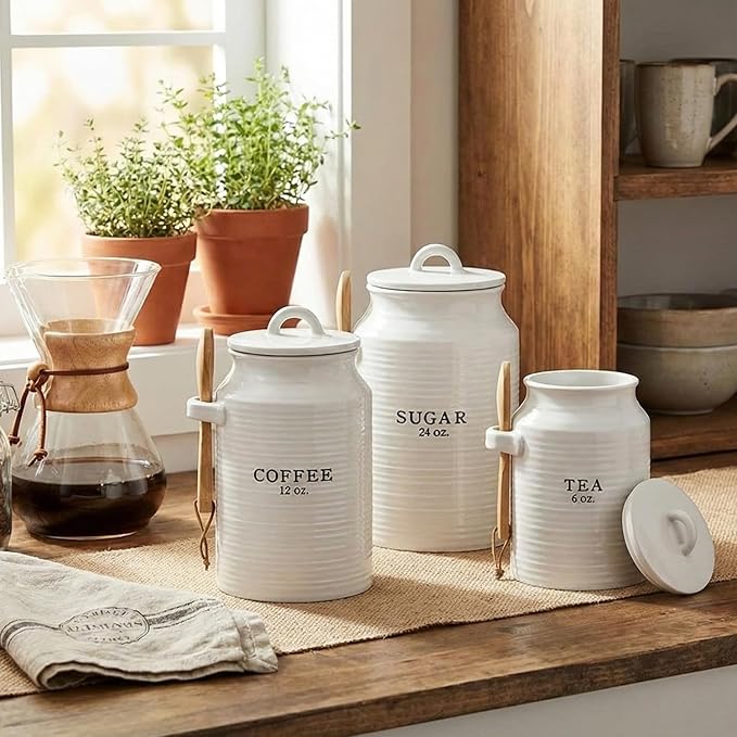 Barnyard Designs Canister Set for Kitchen Counter, Coffee Tea Sugar Container Ceramic Set, Decorative Canisters, Rustic Farmhouse Canister Jars, White (Coffee/Sugar/Tea)