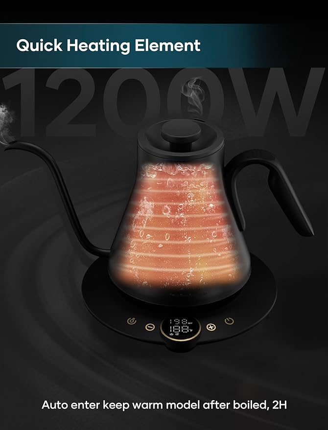 Gooseneck Electric Kettle with ±1℉ Temperature Control for Pour Over Coffee & Tea, Quick Heating, BPA-Free Stainless Steel, Built-in Brew Timer, 1500W/0.9L (Onyx Black)