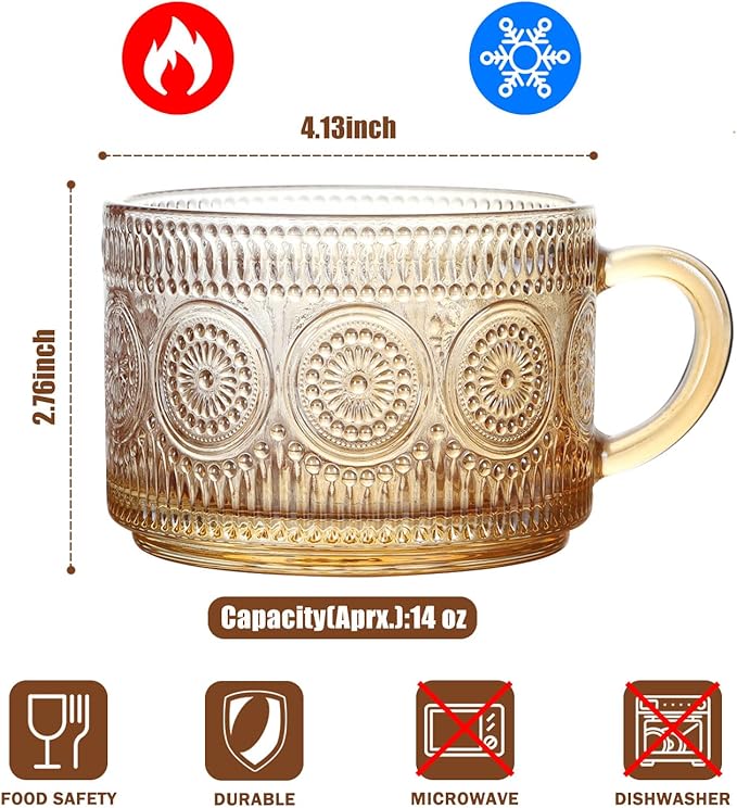 WHJY Vintage Glass Coffee Mugs with Spoon, Set of 2 espresso ribbed glass coffee cup，Embossed Tea Cups, Esthetic Tea Cups for Cappuccino, Latte, Hot Beverages, 14 oz
