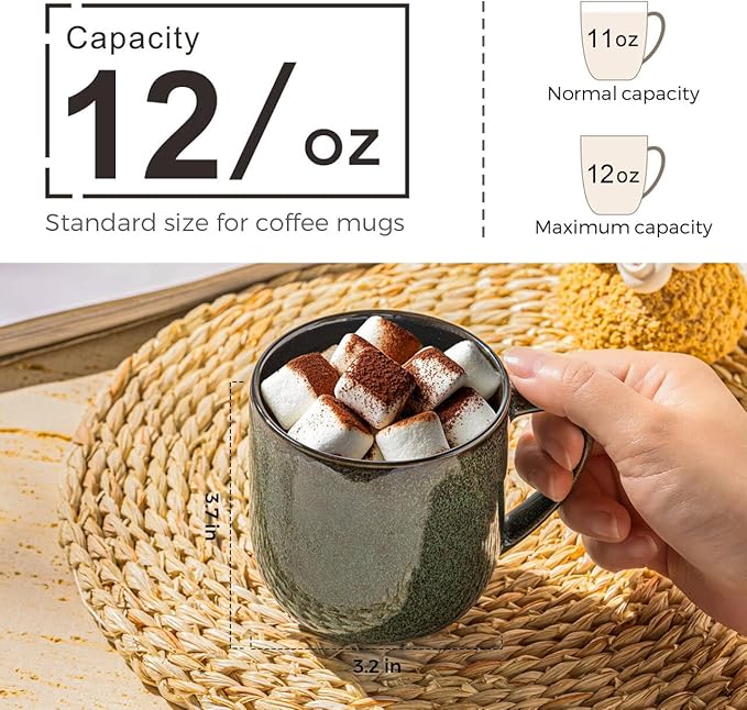 LERATIO 12OZ Ceramic Coffee Mugs Set of 6, Large Porcelain Coffee Cups With Large Handle For Latte,Cappuccino,Milk,Cocoa,|Dishwasher&Microwave Safe Mug Sets,Ideal for Man,Woman,Dad, Mom-Green
