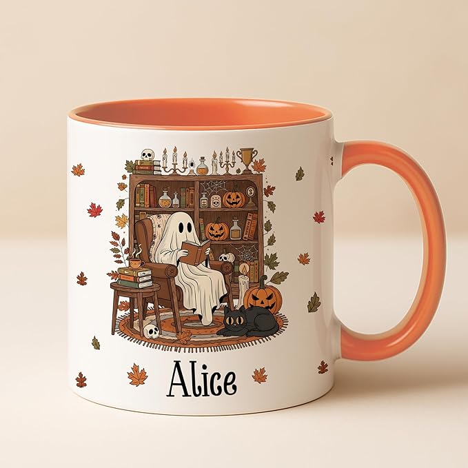 Personalized Halloween Book Lover Coffee Mug – Custom Cute Ghost Cup for Fall and Christmas – Unique Spooky Coffee Mugs for Women, Readers, and Bookish Gift Ideas