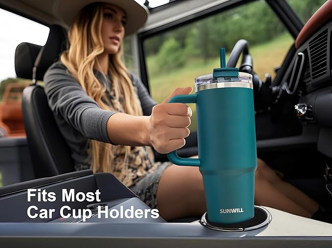 SUNWILL Travel Coffee Mug with Lid, 30 oz Tumbler with Handle and Straw Leak Proof, Stainless Steel Cup Insulated for Office & Camping, Cupholder Friendly, Powder Coated Deep Teal