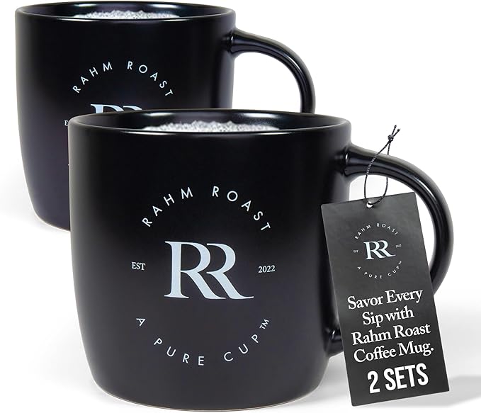 Coffee Mug, 16 oz - Modern Black Ceramic Coffee Cup w/Thick Walls for Better Heat Retention (Pack of 2)