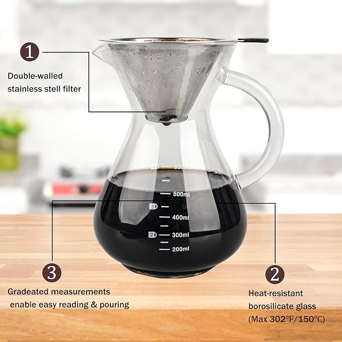 T-mark Pour Over Coffee Maker with Reusable Double-layer Stainless Steel Filter, 600ml/20oz BPA-Free Glass Coffee Carafe, Glass Coffee Maker, Coffee Dripper Brewer