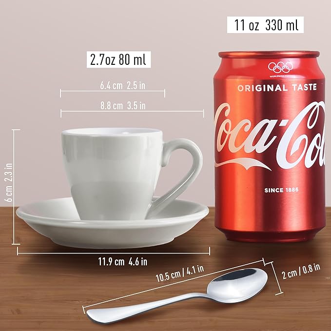 homEdge Porcelain Espresso Shot Cup Set with Saucers and Stainless Steel Spoons - 80 ml / 2.67 oz, Set of 4, White