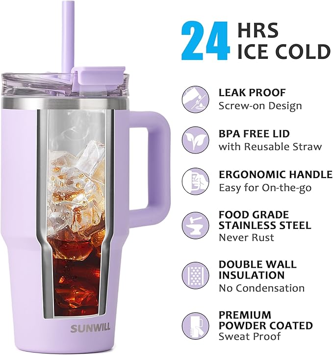 SUNWILL Travel Coffee Mug with Lid, 20 oz Tumbler with Handle and Straw Leak Proof, Stainless Steel Cup Insulated for Office & Gym, Cupholder Friendly, Powder Coated Orchid